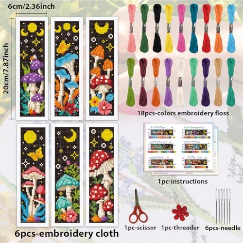 ACRNIGHEET 6PCS Cross Stitch Bookmark Kits Mushroom Pattern Stamped Cross Stitch Kits for Beginners Adults DIY Stamped Embroidery Bookmarks with Instructions Hand Embroidery Craft Gift - Image 2