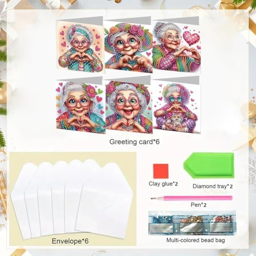 jinglinhh 6pcs Love You Old Grandma Rose Flower Diamond Art Painting Greeting Cards with Envelopes, DIY Card Making Kits for Adults, Diamond Art Postcards Christmas Cards Craft Gifts - Image 3