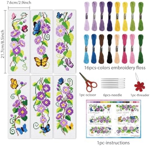 INFUNLY 6pcs Wisteria Floral Cross Stitch Bookmark Kit for Adults DIY Purple Vine Embroidery Bookmark Kits Butterfly Purple Flower Cross-Stitch Pre-Printed Bookmarks with Instructions for Book Lovers - Image 2