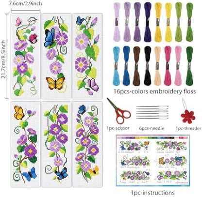 INFUNLY 6pcs Wisteria Floral Cross Stitch Bookmark Kit for Adults DIY Purple Vine Embroidery Bookmark Kits Butterfly Purple Flower Cross-Stitch Pre-Printed Bookmarks with Instructions for Book Lovers - Image 2