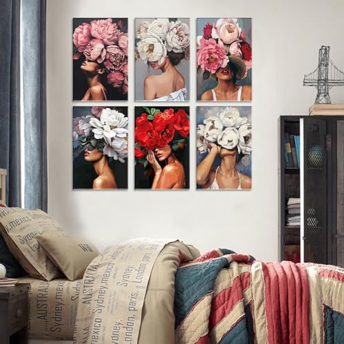 6 Pack Fashion Woman Paint by Numbers Kit for Adults Beginners 8x12 Inch, Abstract Flower Girl Paint by Number Kits on Canvas Without Frame, DIY Acrylic Painting by Numbers for Home Wall Decor Gift - Image 2