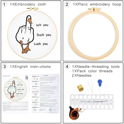 Middle Finger Duck Embroidery Kits for Beginners Adults, Funny Embroidery Starter Kits, Counted Cross Stitch Kits for Beginners DIY Craft Kits for Adult Women, Embroidery Hoop, Thread & Video Tutorial - Image 6