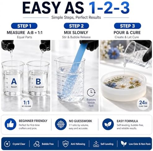 Epoxy Resin 32OZ Non-Yellowing Crystal Clear Bubble-Free Fast Cure Casting Resin Kit for Jewelry Making River Table Coaster Tumbler Mold Casting Flower Preservation 1:1 Ratio - Image 5