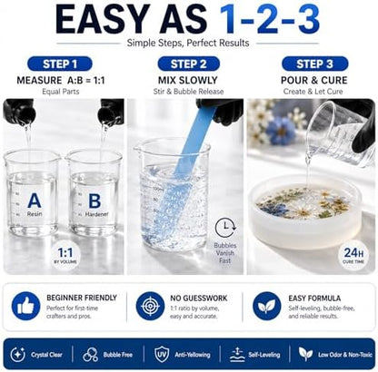 Epoxy Resin 32OZ Non-Yellowing Crystal Clear Bubble-Free Fast Cure Casting Resin Kit for Jewelry Making River Table Coaster Tumbler Mold Casting Flower Preservation 1:1 Ratio - Image 5
