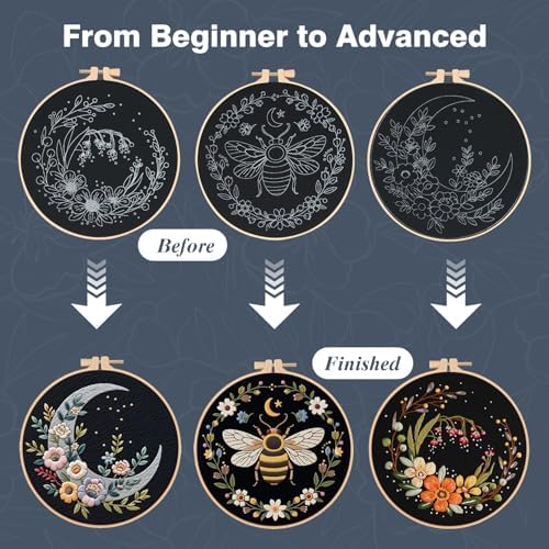3Pack Embroidery Kits for Beginner Adult, Flower Moon Bee Pattern Hand Kit - Image 4