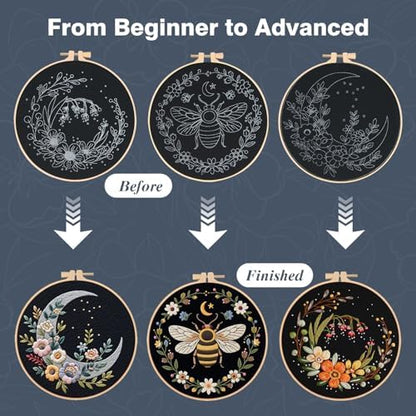 3Pack Embroidery Kits for Beginner Adult, Flower Moon Bee Pattern Hand Kit - Image 4