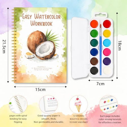 Summer Watercolor Workbook, Water Coloring Book with 12 Different Summer Beach Tropical Plant Coconut Paintings Original Designs, Watercolor Book Set with Palette and Brush, Relaxing Art for Beginners - Image 2