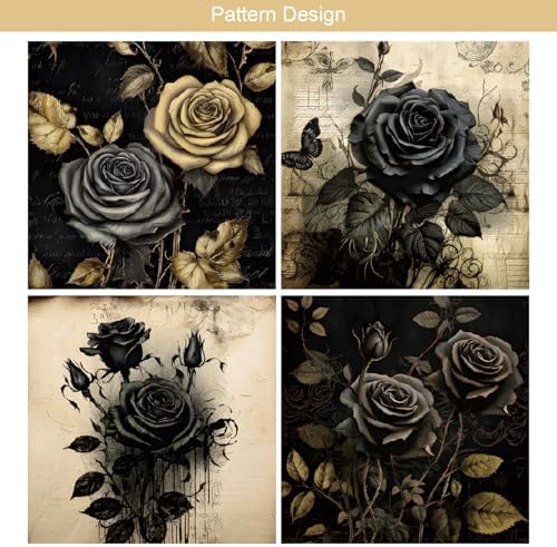 24 Sheets Black Rose Pattern Paper, 6" x 6" Rose Scrapbooking Supplies Paper Decorative Craft Paper for DIY Card Making Photo Album Junk Journal Décor - Image 5