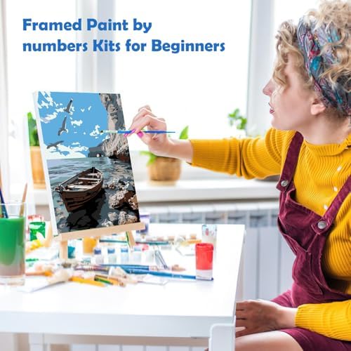 MOGTAA Paint by Numbers Kit for Adults with Frame, Lake Landscape Paint by Number Canvas, Birds Paint by Numbers with Easel, DIY Ship Oil Painting Kit for Home Wall Decor 8 x 12 Inch - Image 4