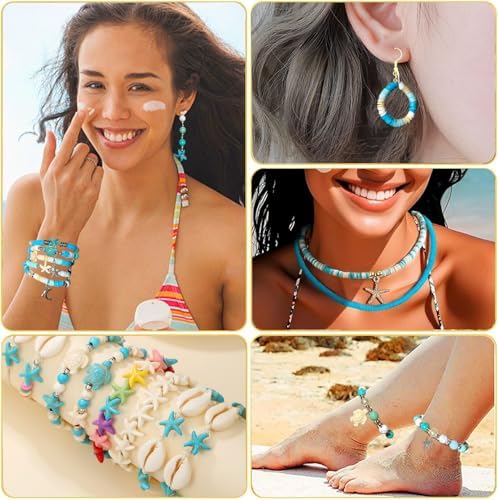 1860Pcs Ocean Beads for Bracelets Making Kit, Blue and White Summer Beach Bead for Jewelry Making, Sea Turtle Shell Starfish Shape Beads 8mm Round Cly Bead for DIY Craft Bracelets Earring (Blue) - Image 2