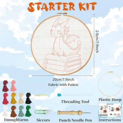 BEUNITONE 2PCS Punch Needle Kits with Dragon Book Pre-print Pattern Easy for Beginners, DIY Craft Embroidery Needlepoint Kits for Adults with Hoop Punch Needle Set for Craft Lovers Home Decor 7.9x7.9" - Image 2