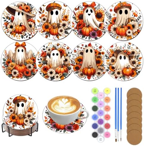 8 Pack Halloween Paint by Numbers Kits Coasters with Holder Cork Pads by Unknown