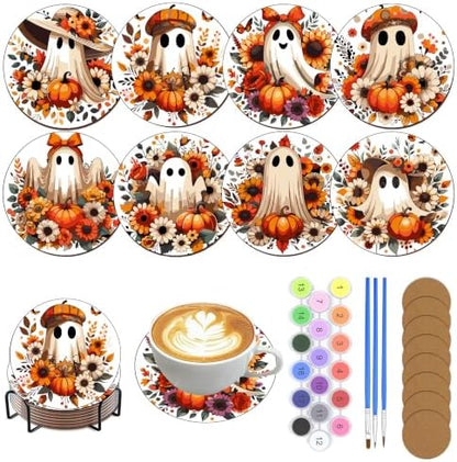 8 Pack Halloween Paint by Numbers Kits Coasters with Holder Cork Pads by Unknown