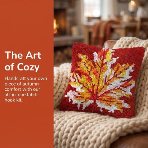 Latch Hook Kits for Adults Beginner,17x17 inch Butterfly Floral DIY Crochet Pillow Cover Kit Pre-Printed Pillowcase Hook and Latch Kit Needlework Cushion Cover for Home Sofa Decor (Maple Leaf) - Image 2