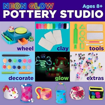 Faber-Castell Neon Glow Pottery Studio: Create Your Own Pottery Designs with USB-Powered Pottery Wheel, Air Dry Clay, Neon & Glow in The Dark Paints, Tools & 50+ Craft Supplies for Kids (Ages 8+) - Image 2