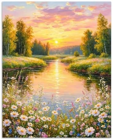 Alptiny Paint by Numbers Kit for Adults, Riverside Sunset Landscape Paint by Number Kit on Canvas, Countryside River & Wildflowers Oil Painting for Gift, Home Wall Decor 16x20 Inch by Unknown