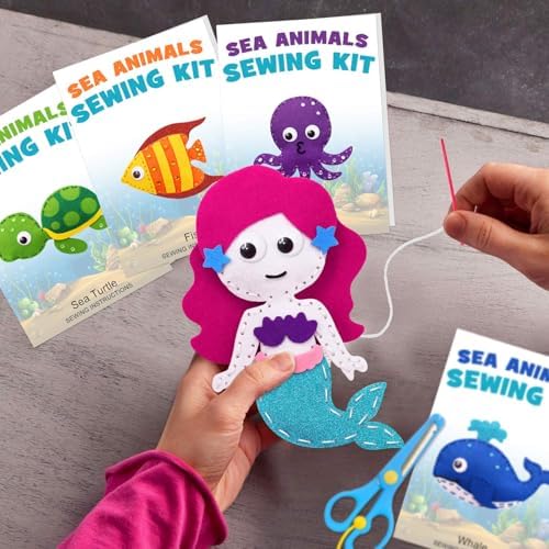 CiyvoLyeen Sea Animals Sewing Kit Mermaid DIY Felt Plush Craft Kit Make Your Own Ocean Animals Gifts for Beginner Boys and Girls Educational Kids Art Craft Supplies Set of 12 - Image 7
