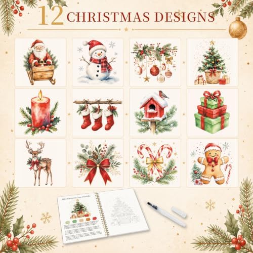 Christmas Gift, Christmas Watercolor Workbook, Watercolor Painting Book with 12 Different Xmas Designs, Water Coloring Book Set with Water Paintbrush for Beginners, Xmas Gift for Boys Girls Friends - Image 4