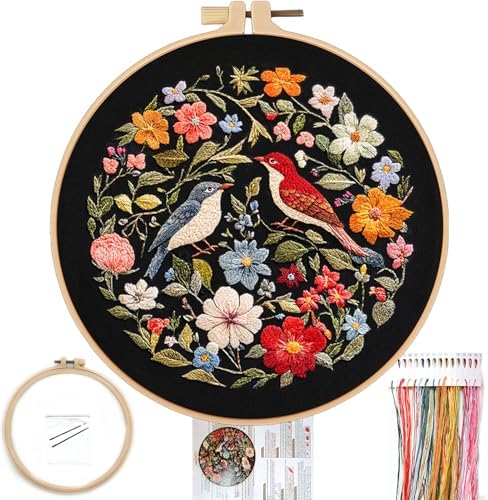 FONNUY Embroidery Kit for Beginners, Birds with Flowers Pre-Stamped Pattern Kits for Adults with Hoop, Easy to Follow Color Thread Needlework, 8'' Hoop (Red) by FONNUY