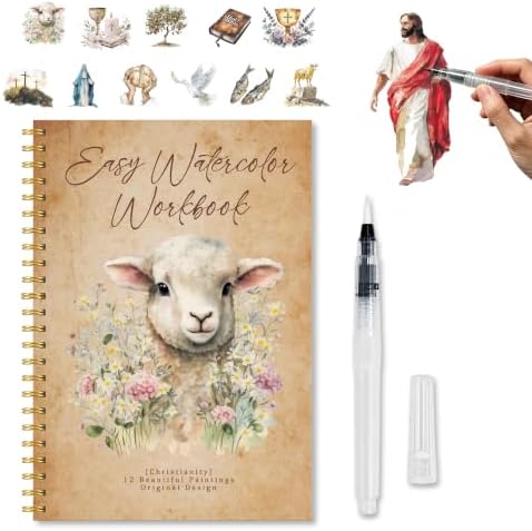 Christian Gift, Christian Watercolor Workbook for Beginners, Water Coloring Book with Christianity Designs, 12 Different Easter Lamb Paintings Original Designs, Watercolor Set with Water Paintbrush by Unknown