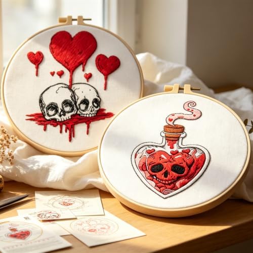 Halloween Goth Embroidery Kits for Beginners Adults, Dark Skull Embroidery Sets Needlepoint Kits, Halloween Stamped Cross Stitch Kits for Beginners Adults, 2 Embroidery Hoops (Attached Video Tutorial) - Image 7