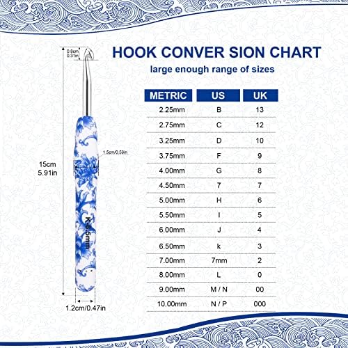 BCMRUN Crochet Hooks Set with Case 14 Size Blue and White Porcelain Pattern for Arthritis Hands, 2.25mm(B)-10mm(N) Crochet Needles for Beginners, Mothers Day Gift, Crochet Lovers (Azure) - Image 2