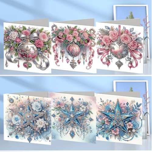 jinglinhh 6pcs Christmas Rose Flowers Ball Star Diamond Art Painting Greeting Cards with Envelopes, DIY Card Making Kits for Adults, Diamond Art Postcards Holiday Cards Craft Gifts - Image 4