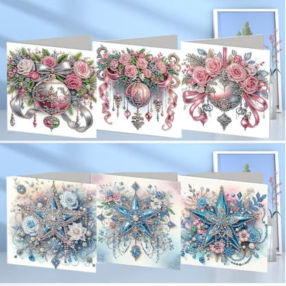 jinglinhh 6pcs Christmas Rose Flowers Ball Star Diamond Art Painting Greeting Cards with Envelopes, DIY Card Making Kits for Adults, Diamond Art Postcards Holiday Cards Craft Gifts - Image 4