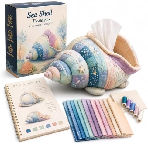 Saiiko Tissue Box Cover DIY Sewing Kit, Boho Fabric Patchwork Craft Kit for Adults Beginners, Beach Home Decor for Nightstand, End Table and Desk (Conch) by Saiiko