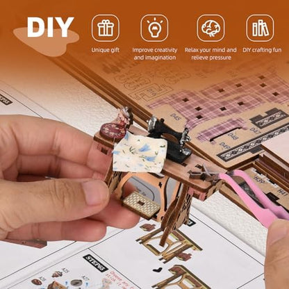 fifijoy Book Nook Kit - Sewing Room DIY Miniature House Dollhouse Kit for Adults and Teens, Booknook Tiny House Bookshelf Decor 3D Wooden Puzzle, Gifts for Family and Friends - Image 6