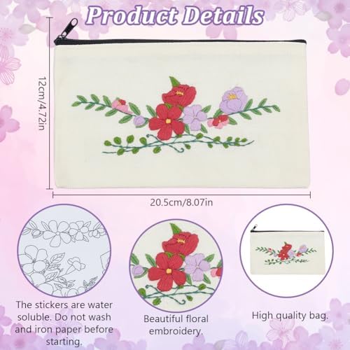 WEBEEDY 3 Sets DIY Embroidery Makeup Pouch Kit Complete Pouch Bag Set with Plants Water-Soluble Patterns, Embroidery Hoop, Thread, for Beginners Women Birthday Sewing Gift, 4.72 * 8.07INCH - Image 3