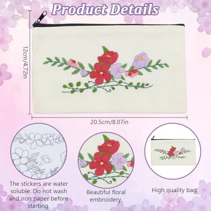 WEBEEDY 3 Sets DIY Embroidery Makeup Pouch Kit Complete Pouch Bag Set with Plants Water-Soluble Patterns, Embroidery Hoop, Thread, for Beginners Women Birthday Sewing Gift, 4.72 * 8.07INCH - Image 3