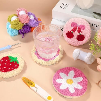 Pink Punch Needle Coaster Kit Strawberry Bow Floral Pattern Coasters Easy Punch Needle Embroidery Kit for Adults Beginner DIY Tufted Pads with Adhesive Felt Yarns Tools Embroidery Hoop Instruction - Image 5