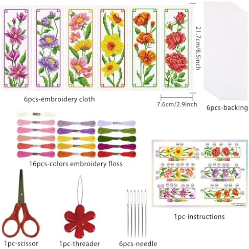 ORIGACH 6 Set Floral Magnolia Rose Cross Stitch Bookmark Kit for Beginner - Image 2