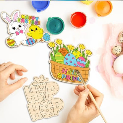 Yuntau 24 Pcs Color Your Own Easter Crafts Bunny Egg DIY Wooden Tabletop Signs Happy Easter Craft Kits Centerpiece Art Signs Table Decorations for Spring Home Activities Gifts Party Favors - Image 6