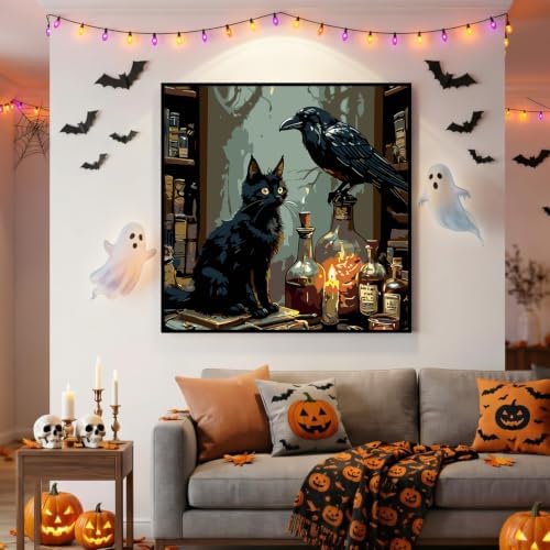Halloween Paint by Numbers Kit for Adults-Cat & Crow, Oil Painting 10x10In - Image 7