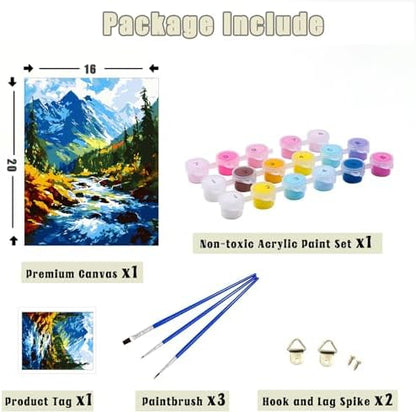 Yunnuo Paint by Numbers Kit for Adults, Mountain River Landscape, DIY Acrylic Painting, 16 x 20 in, with 3 Paintbrushes, Wall Art Decor - Image 5