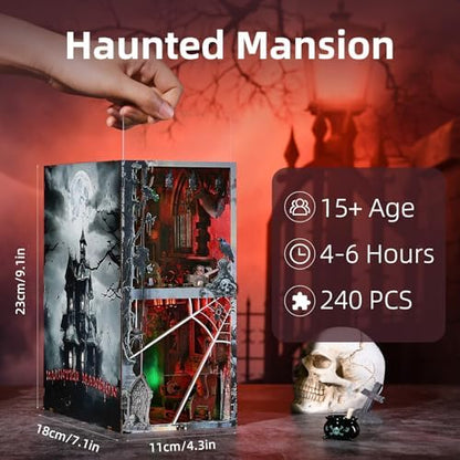 fifijoy Haunted Horror Book Nook Kit, DIY Miniature Dollhouse Halloween Booknook Kit, Spooky Creepy Scary 3D Wooden Puzzle Bookend Bookshelf Insert Decor with LED Light (Haunted Mansion) - Image 6