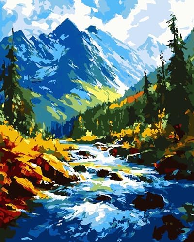 Yunnuo Paint by Numbers Kit for Adults, Mountain River Landscape, DIY Acrylic Painting, 16 x 20 in, with 3 Paintbrushes, Wall Art Decor by Yunnuo-premiumdiyartpaintingkits
