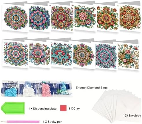Diamond Painting Greeting Cards 12 Pack Mandala Design DIY Kit with Special Irregular Rhinestones Thick Cardboard Envelopes Included Handmade Craft for Adults Gift - Image 6