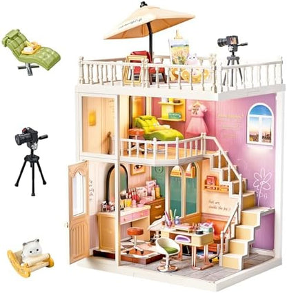 2-Story Loft Beauty Salon Kit, LED Light DIY Miniature House for Adults with Makeup Table Nail Station SPA Chair Balcony, Collectible Plastic Beauty Studio Model, Home Decor Gift for Women by Unknown