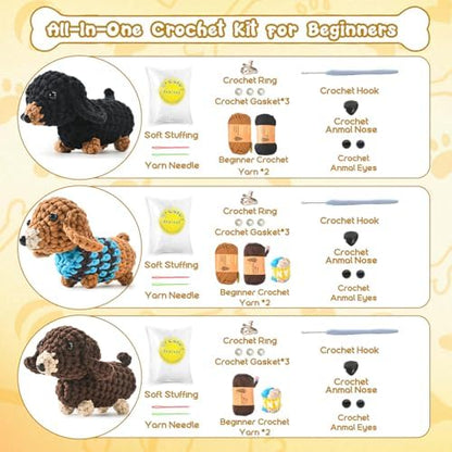 Zummipals Crochet Kit for Beginners, Easy Crochet Kit for Adults w Step-by-Step Vid Tutorials, Beginner Knitting Kit, Makes Crochet Animals Dachshund Crochet Kits, Ideal Crochet Gifts (30% EX Yarn) - Image 4