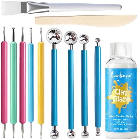 12PCS Dotting Tools Set, Clay Sculpting Tools with Double-Sided Ball Tips & 1.7OZ Air Dry Clay Glaze for Rock Painting, Pottery Embossing, Canvas Drawing & Clay Modeling Kit for Artists and Crafters by lockmio