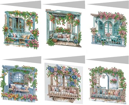 6 Pcs Window Terrace Sofa Flower Diamond Art Greeting Cards for Adults & Beginners, DIY Crystal Rhinestone Gem Art Painting Kit with Envelopes, Creative Craft Gift for Birthday Wishes Party Favors by Unknown