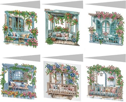 6 Pcs Window Terrace Sofa Flower Diamond Art Greeting Cards for Adults & Beginners, DIY Crystal Rhinestone Gem Art Painting Kit with Envelopes, Creative Craft Gift for Birthday Wishes Party Favors by Unknown
