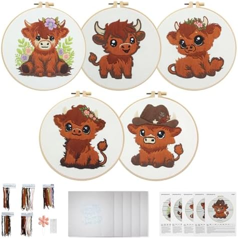 Kuabiz 5 Sets Highland Cow Embroidery Kits for Beginners Cross Stitch Kit for Adults Highland Cow Pattern Embroidery Starter Kit Embroiderys Hoop Needlepoint Kits with Instruction Needles Threads by Kuabiz