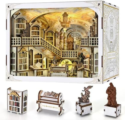 MiniCity Library of Gods Book Nook Kit, DIY Wooden Bookshelf Model with LED by MiniCity