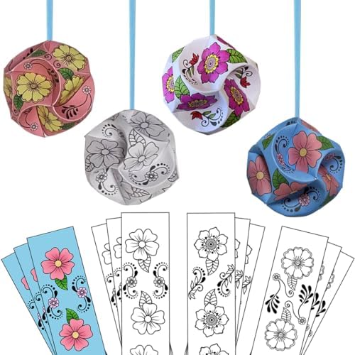 10 DIY Origami Balls, Paper Ornaments, Orbs. No Tools Needed, Just Color-Connect-Complete. Kids + Adult Coloring Craft, Stimulates Creativity, Releases Stress. Fun Family Activity (Flower Patterns) by OrigamiJoy