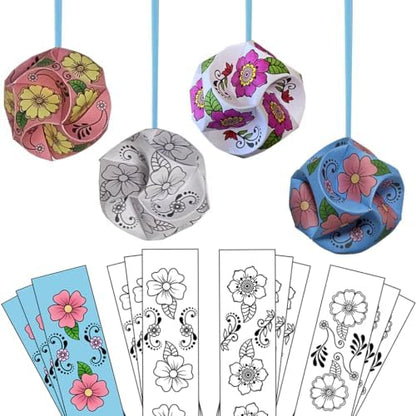 10 DIY Origami Balls, Paper Ornaments, Orbs. No Tools Needed, Just Color-Connect-Complete. Kids + Adult Coloring Craft, Stimulates Creativity, Releases Stress. Fun Family Activity (Flower Patterns) by OrigamiJoy