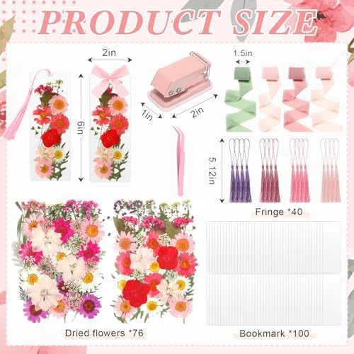 AmazingSpark 222 Pcs Dried Flower Bookmark Kit with Tassels, Pink - Image 2